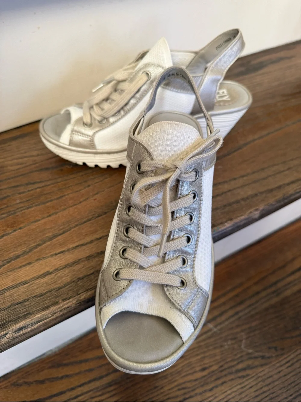Fly London 38 Yedu Wedge Lace up Sandal  - White & Metallic silver